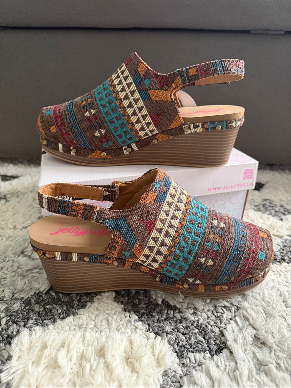 Jellypop Ravi brown multicolored fabric Aztec mules wedge clogs women size 11M